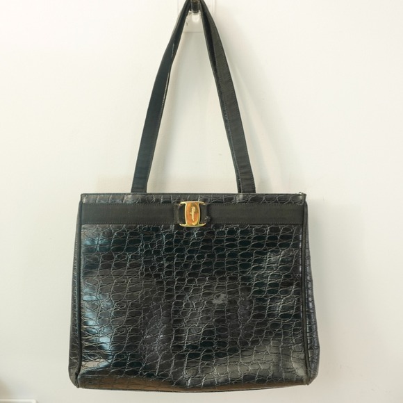 Vintage Salvatore Ferragamo Bag Black Leather Tote Crocodile Embossed 2530 ITALY